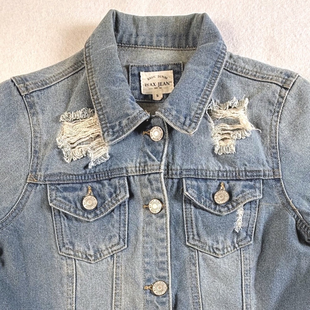 Wax Jean Denim Jacket Women Small Distressed Ripped Light Wash 90068